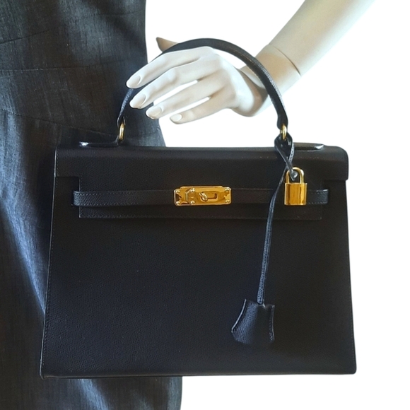 Unbranded Handbags - Vtg Black Epsom Leather Kelly Bag w/Clochette Lock Key & Strap GHW 32cm Italy